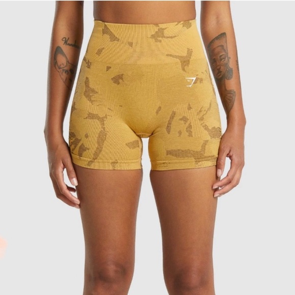 Gymshark Women's Mustard Patterned Athletic Shorts - Picture 1 of 5